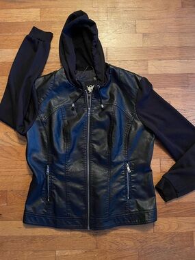 Women's Black Faux Leather Hoodie Jacket with Knit Sleeves - Modern Zip Front